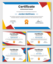 Achievement Award Printable certificate with blue red yellow shapes, bold name text, star badge, date.