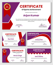 Certificate Of Sports Achievement with purple-red design, athlete name text holder, award ribbon, date and signature.