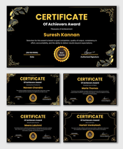 Achievers Award Certificate in black and gold with floral borders, award seal, recipient name, date and signature.