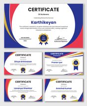 Achievers Certificate with blue red curves, gold award badge, bold name text, date and authorized signature layout.