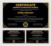 Radiologic Technologist Associate Degree certificate with black-gold design, ornate border, university seal and signatures.