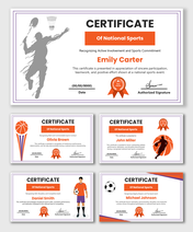 National Sports Certificate Template with orange accents, athlete icons, name text holders, and award badge.