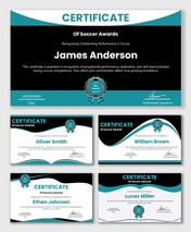 Editable Soccer Certificate Awards with teal and black waves, award badge, name, date, signature fields.