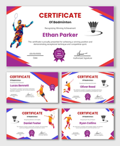 Badminton Certificate with colorful player illustrations, shuttle icon, award badge, name, date and signature.