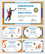 Sports Day Certificate Template with blue-orange borders, athlete illustrations, award badge, and editable name fields.