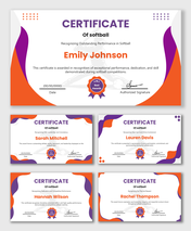 Softball Certificates Template with purple and orange curves, player graphic, award badge, name, date, signature.