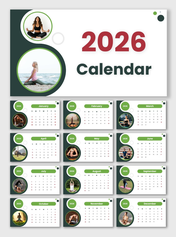 Yoga Poses Calendar 2026 with green theme, circular yoga photos, and monthly date grids for wellness planning.