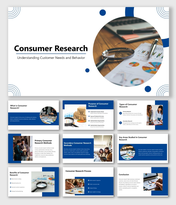 Consumer Research presentation with blue theme, charts, magnifier image, icons, and text sections explaining insights.