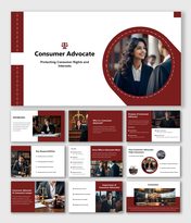 Consumer Advocate slide with maroon theme, circular photo frame, legal icons, and rights-focused text blocks.