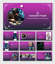 Consumer Fraud slide with purple theme, circular images, warning icons, and scam prevention steps.