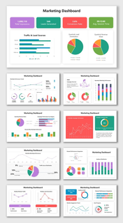 Marketing Dashboard with colorful charts, KPI cards, graphs, and text blocks for campaign analytics.
