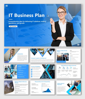 Alt: Overview of a 10-slide IT Business Plan deck featuring blue layouts for IT solutions, market trends, and growth plans.