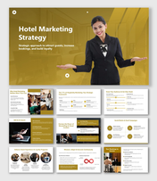 Hotel Marketing Strategy slide with gold theme, presenter image, icons, and text blocks.