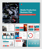 Alt: Overview of a 10-slide Media Production Business Plan deck featuring teal layouts for market segments, financial pie charts, and revenue models.