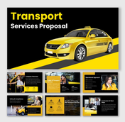 Transport Services Proposal with black-yellow theme, taxi car image, icons, and service details.