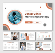 Dental Clinic Marketing Strategy slide with dentist treating patient, clean layout and orange accents.