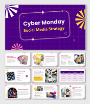 Cyber Monday Social Media Strategy with purple grid design, bold title box, icons, and campaign planning slides.
