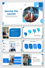 Service Tier Launch presentation with blue theme, rocket visual, tier cards, roadmap arrows, and rounded shapes.
