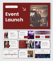 Event Launch presentation with maroon theme, bold text blocks, rounded images, arrows, and structured event strategy slides.