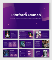 Platform Launch presentation with purple theme, rocket icon, KPI charts, rounded cards, and growth strategy slides.