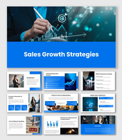 Sales Growth Strategies blue slides with charts, arrows, and data-driven text sections.