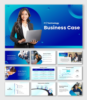 Business Case PPT Example blue IT slides, laptop presenter, charts, icons, shapes, clean text layout.