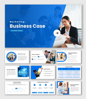 Business Case PPT Template Download blue slides with team photos, charts, icons, clean shapes and layout.