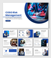 COSO Risk Management blue slides with circular photo frame, red alert icons, governance and reporting sections.