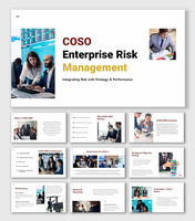 COSO Enterprise Risk Management slides with white layout, red-gold headings, business team photos and ERM flow.