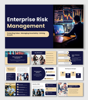 Enterprise Risk Management Examples slides with navy-gold layout, business photos, risk charts and ERM framework steps.