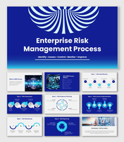 Enterprise Risk Management Process blue slides with circular diagrams, step icons and risk workflow stages.