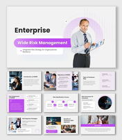 Enterprise Wide Risk Management purple slides with circular graphics, icons, and enterprise risk strategy diagrams.