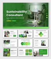 Sustainability Consultant presentation with green eco layouts, business visuals, and sustainability strategy slides.