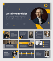 Antoine Lavoisier presentation with gray-gold design, portraits, chemistry icons, timeline, and key discoveries.