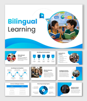 Bilingual Learning with blue waves, student photos, speech icons, books and circular shapes for language education.