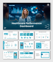 Healthcare Performance Dashboard with doctors, patient charts, teal-blue metrics, circular gauges and data graphs.