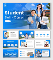 Student Self Care with students, campus photo, blue overlays, dotted accents, icons and circular wellness graphics.