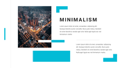 Minimalist PowerPoint slide featuring a cityscape image at night with a title and placeholder text on a white backdrop.