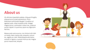 About us slide with teacher illustration near a chalkboard, surrounded by cartoon kids with a soccer ball and trampoline.