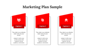 Marketing plan slide with three red sections, labeled 1 to 3, featuring icons and white text box below.