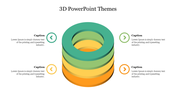 3D layered donut chart in green, yellow, and orange with four captions and arrow icons evenly placed on both sides.
