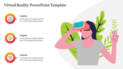 Illustration of a woman using a virtual reality headset, with three circular icons representing VR-related concepts.