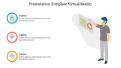 Illustration of a person using VR, interacting with a floating chart and three colorful circular icons with captions.