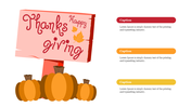 PPT slide with a festive Thanksgiving sign, pumpkins, and fall leaves, along with three captioned sections for content.