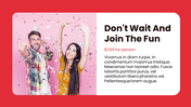 A pink and white invitation with placeholder text and two joyful individuals amidst falling confetti on a red backdrop.