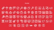 A red slide displays rows of white outline icons related to SEO, marketing, business, social media, and web development.