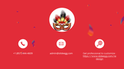 Contact Us PowerPoint slide with carnival decorations and icons for phone, email, and website on a red backdrop.