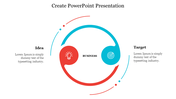 Create concept graphic with curved arrows linking red idea icon and blue target icon, with placeholder text on either side.