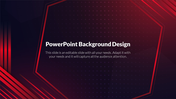 Dynamic slide design with a dark background, highlighted by red lines and geometric shapes and text in the center.
