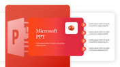 Microsoft themed slide with large red logo background, central red gradient box showing icon linking to text lines.